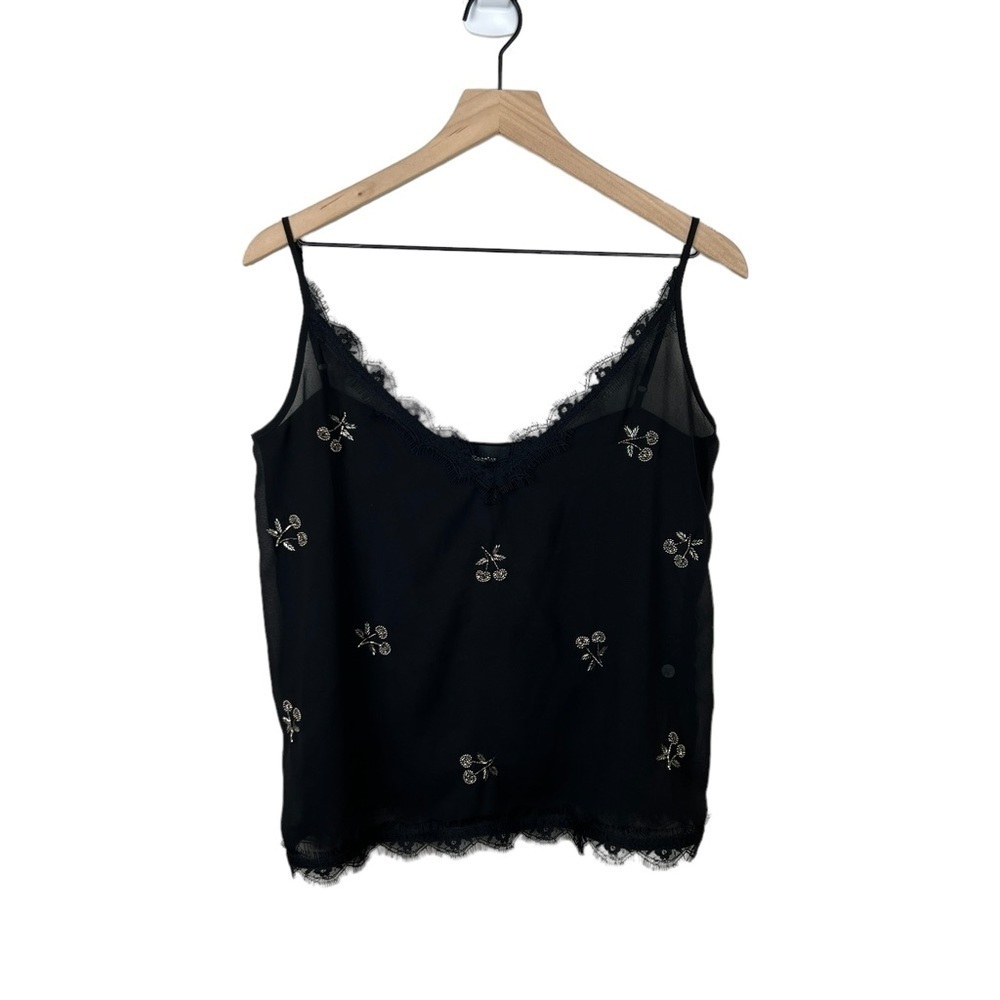 The Kooples Beaded Cherry Print Lace Trim Cami